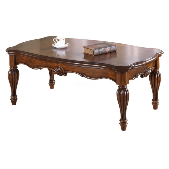 Traditional Cherry Finish Rectangle Coffee Table with Turned Fluted Legs for Living Room