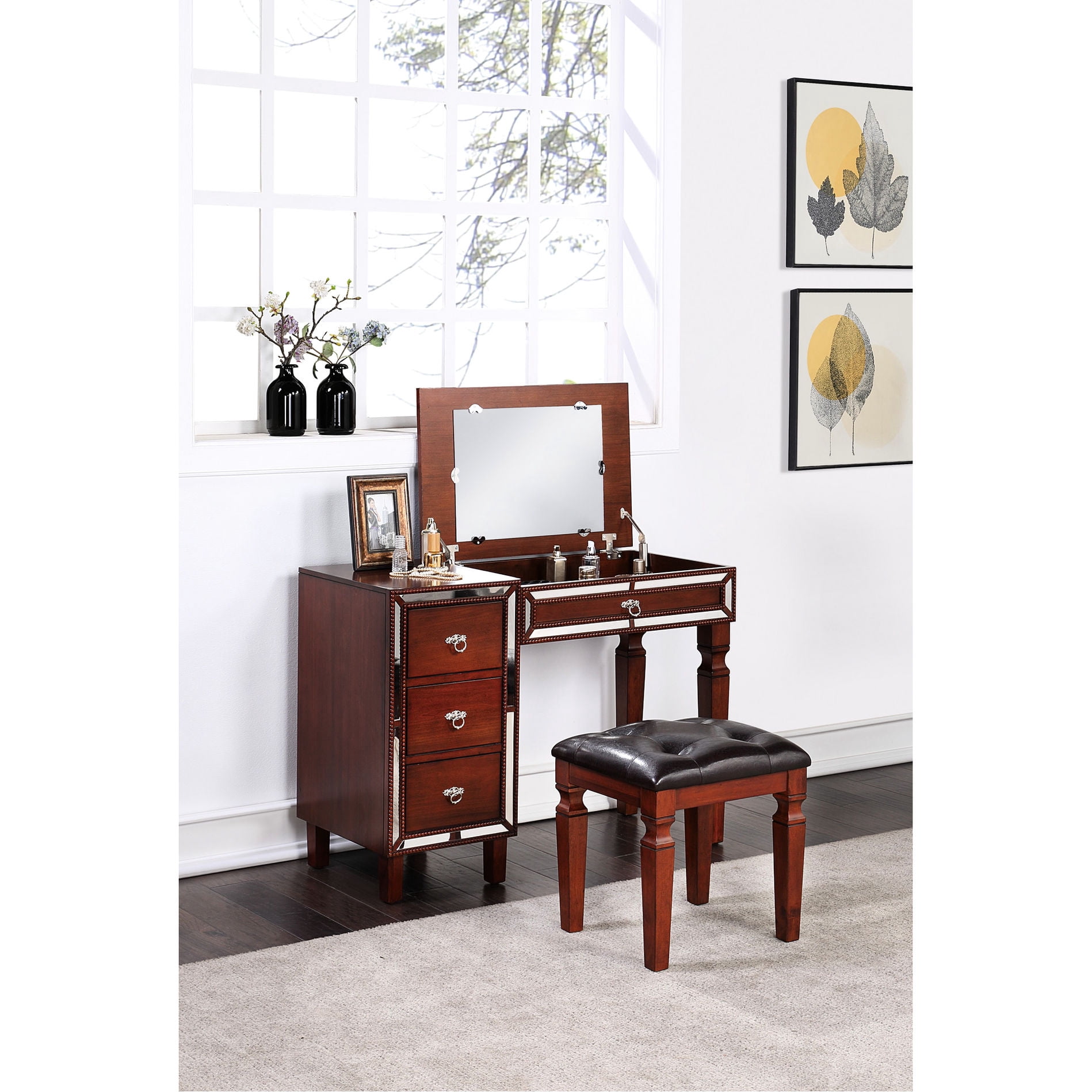 Traditional Cherry Vanity Set with Stool | Ideal for Bedroom Makeup