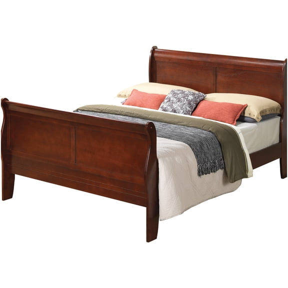 Traditional Cherry Wood Platform Bed Frame with Headboard, Queen Size Bed with Slat Support System, No Box Spring Required