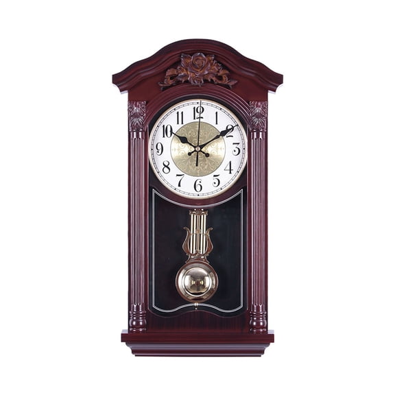 Traditional Chiming Pendulum Wall Clock,with Pendulum Battery Operated Silent Operation hree-dimensional Carving Fireplace Clock for Living Room Kitchen Office Shelf Décor