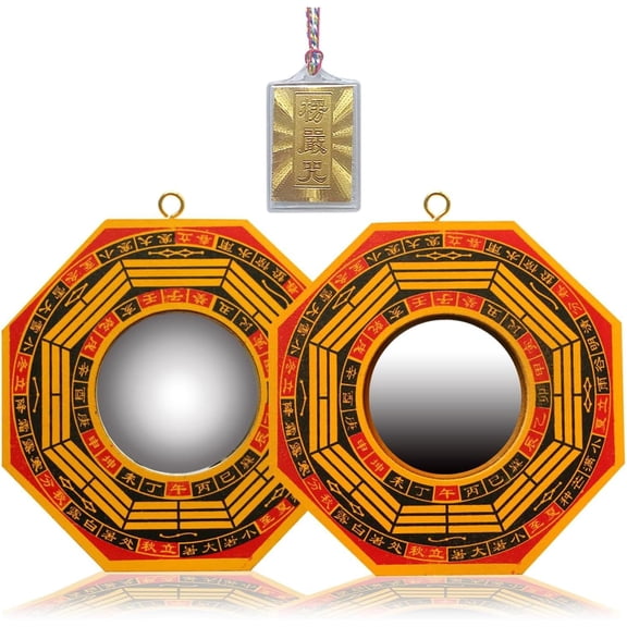 Traditional Chinese Bagua Mirror Set - Concave and Convex Surface | Feng Shui Zhenzhai | Divination Spirit Mirror | Positive and Negative Energy Protection | Home Entrances | Walnut | 10x10cm