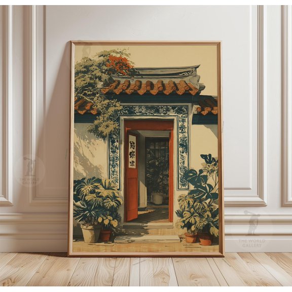 Traditional Chinese Doorway Red Lantern Oriental Architecture Wall Art Print
