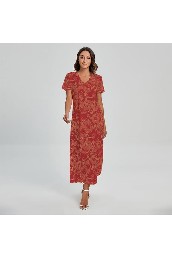 Traditional Chinese Dragon Pattern Printed Short Sleeve Maxi Dress, Dragons Fashion Summer Maxi Dress For Women
