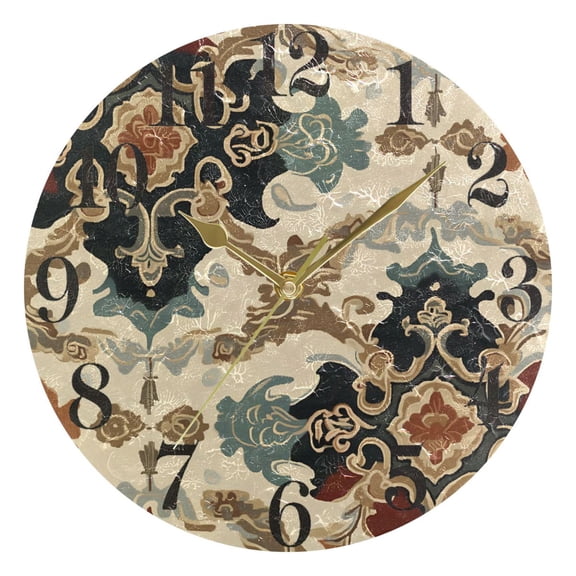 Traditional Chinese Flower Pattern Round Wall Clock Battery Operated Silent Non-Ticking Bedroom Office Kitchen Home School Decor 10"(Gold)