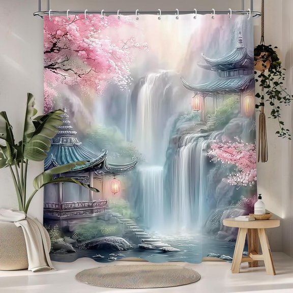 Traditional Chinese Garden Waterfall Shower Curtain, Pink Cherry Blossom Shower Curtains for Bathroom, Pavilion Landscape Shower Curtain Set With Hooks-72"W x 72"L (Pack of 1)