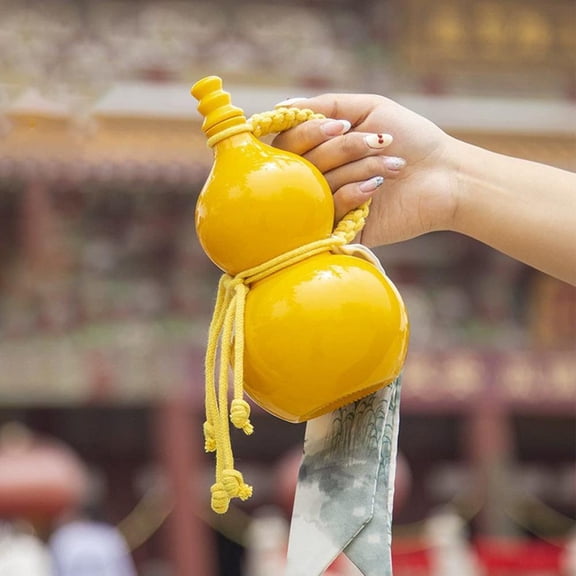 Traditional Chinese Gourd Shaped Glass Water Bottle, Vintage Decorative Flask with Braided Handle and Tassel, 20cm for Home and Outdoor Use,1PCS