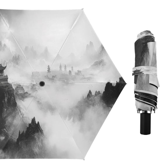 Traditional Chinese Ink Landscape Compact Sun Umbrella Windproof Travel Umbrellas for Rain Strong Portable UV Protection