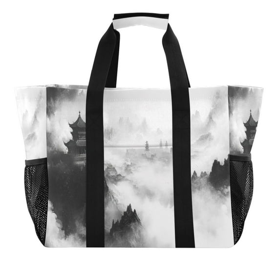 Traditional Chinese Ink Landscape Reusable Grocery Bags with Handle Side Pocket Waterproof Shopping Portable Tote