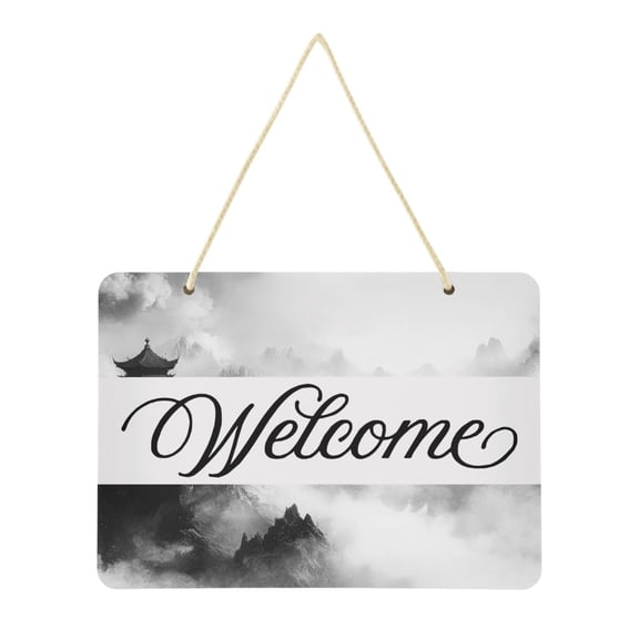 Traditional Chinese Ink Landscape Welcome Sign Front Door PVC 14x10 inch Hanger Hello Sign Farmhouse Wall Porch Home Outside Decor