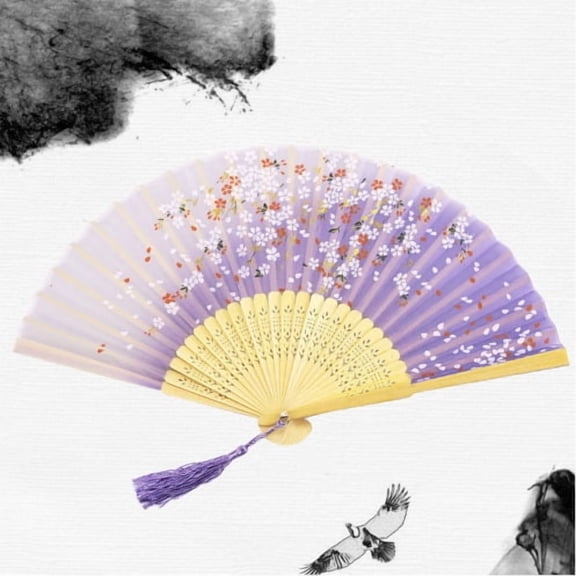 Traditional Chinese Japanese Style Printed Silk Hand Folding Fan Wooden Shank Tassel Elegant Wedding Gift Home Decoration