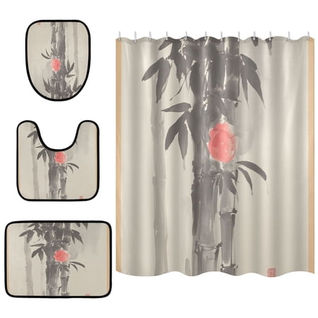 Traditional Chinese Painting Bathroom Accessory Curtain Sets Bath Curtain Anti-Slip Mats and Toilet Pad 66x72in