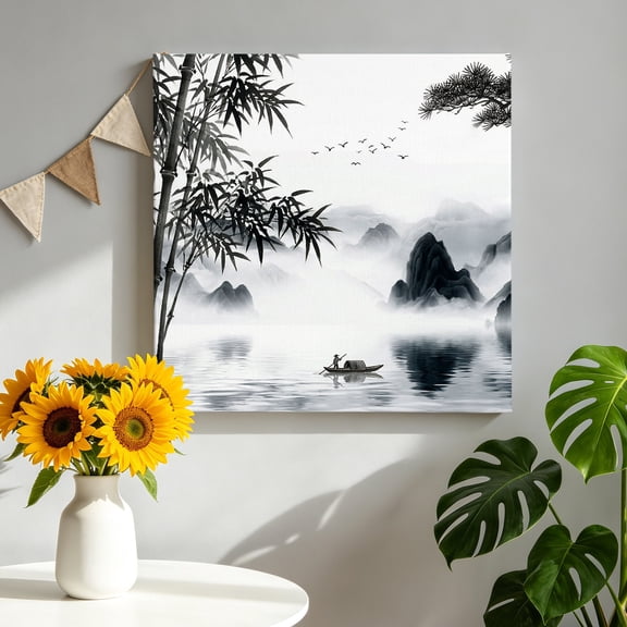 Traditional Chinese Painting Canvas Wall Art Framed Wall Decor for Living Room Bedroom Bathroom, Black and White Natural Landscape Canvas Pictures Ready to Hang Decor, 12"x12"