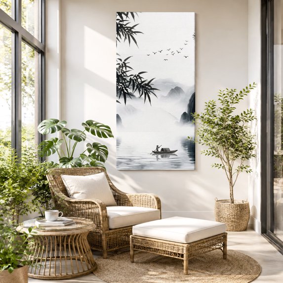 Traditional Chinese Painting Canvas Wall Art for Living Room Bedroom Bathroom, Black and White Natural Landscape Canvas Art Wall Decor, Artwork for Walls Home Office Decor, 24"x48"