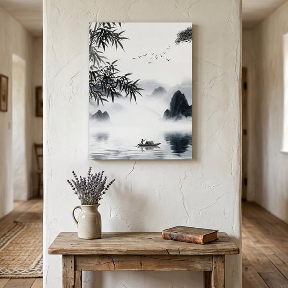 Traditional Chinese Painting Canvas Wall Art for Living Room Bedroom Bathroom, Black and White Natural Landscape Canvas Art Wall Decor, Artwork for Walls Home Office Decor, 8"x12"