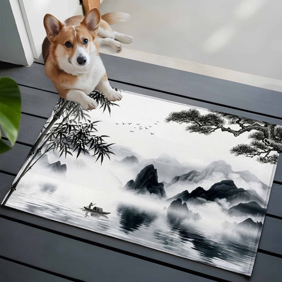 Traditional Chinese Painting Front Door Rugs 2x3 ft Black and White Natural Landscape Small Rug for Entryway Non Slip Washable Bathroom Door Mat Absorbent Floor Mat for Indoor Entrance