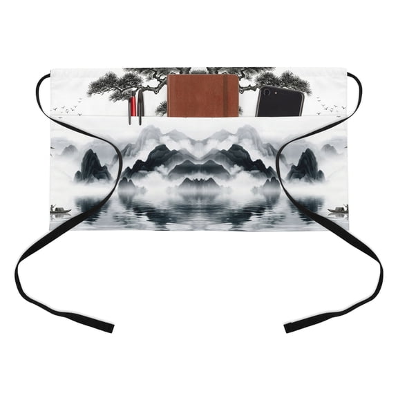 Traditional Chinese Painting Half Waist Apron Black and White Natural Landscape Short Waiter Aprons with 3 Pockets for Women Men Kitchen Restaurant Cooking
