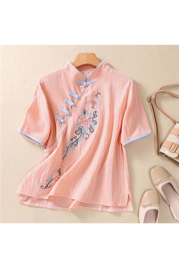 Traditional Chinese Style Blouse for Women Floral Embroidery Stand Collar Short Sleeve Frog Button Relaxed Fit Retro Oriental Ethnic Top