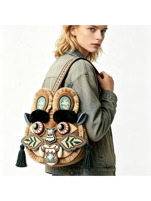 Traditional Chinese Tiger Head Crossbody Bag, Handmade Embroidered Plush Shoulder Purse with Tassel, Folk Art Cultural Heritage Sling Pouch for Festival, Daily Use & Street Style