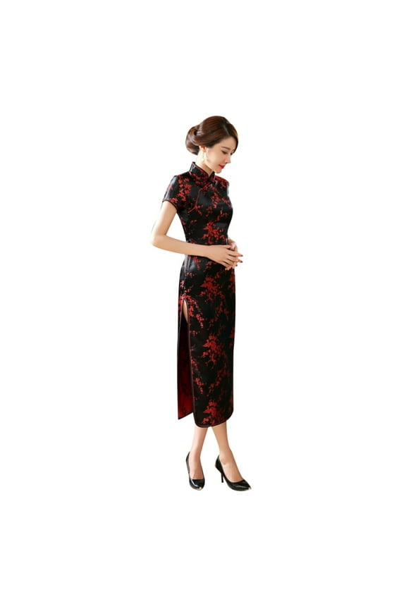 Traditional Chinese Women Long Cheongsam Bridesmaid Short Sleeve Evening Dress