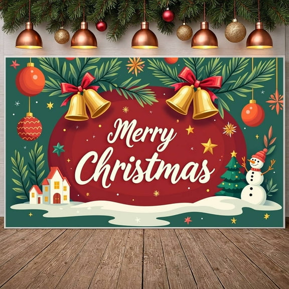 Traditional Christmas Merry Christmas Banner Festive Red Xmas Display Gold Bells Green Pine Christmas Backdrop for Christmas Party Holiday Decoration Home Indoor