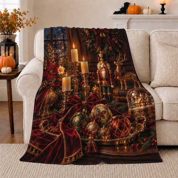 Traditional Christmas Still Life Nutcracker Ornaments, Festive Holiday Scene, Warm Flannel Blanket for Living Room and Family Room, Art Lovers Christmas Gift, Festive Home Decor