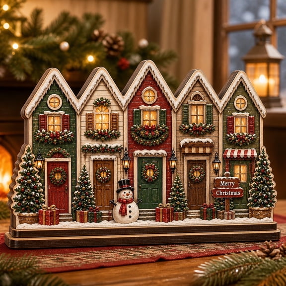 Traditional Christmas Village Wooden Block for Holiday Tabletop Decor