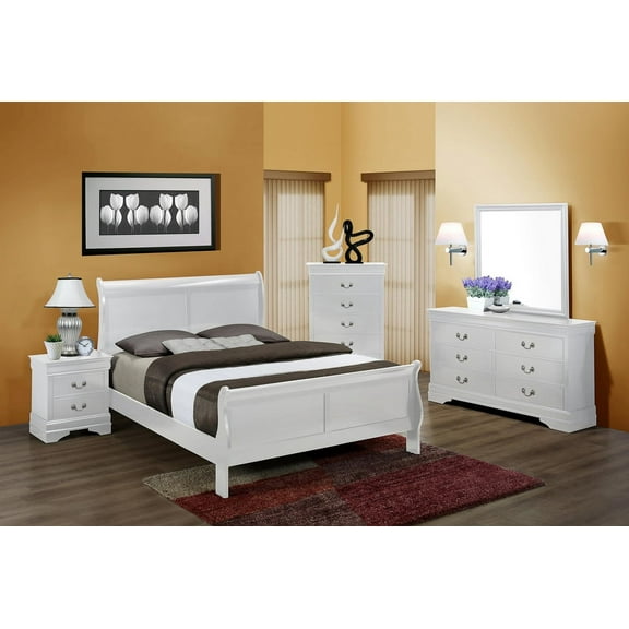 Traditional Classic 4pc King Panel Bed Dresser Mirror Nightstand Set White Finish Wooden Bedroom Furniture