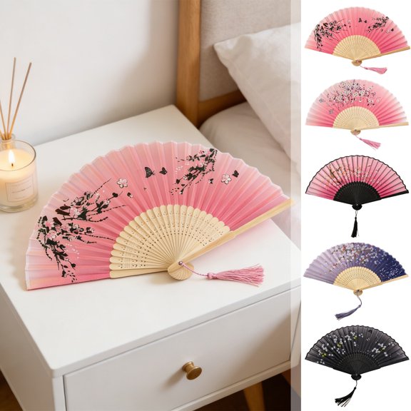 Traditional Classic Folding Fan, High Grade Silk Cloth Solid Bamboo Ribs with Exquisite Tassel Accent Portable Ornamental Fan, for Stage Show Wedding Ceremony and Wall Art Display, 15*8in, E