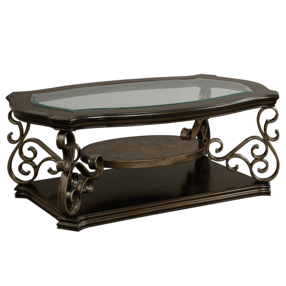 Traditional Coffee Table, Beveled Glass Top Cocktail Table with MDF Storage Shelf, Powder Coated Scroll Metal Legs for Living Room