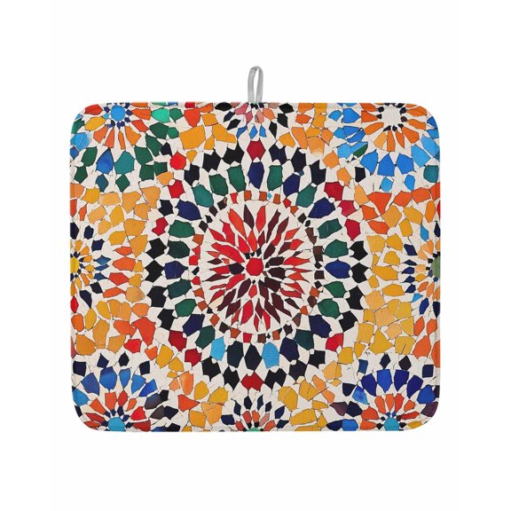 Traditional Colourful Moroccan Wall Tile Mosaic Back Dish Drying Mats for Kitchen Counter,Absorbent Microfiber Dish Drainer Rack Mat Bohemian Style Drying Pad for Sinks,Utensils,Countertops,16x18in