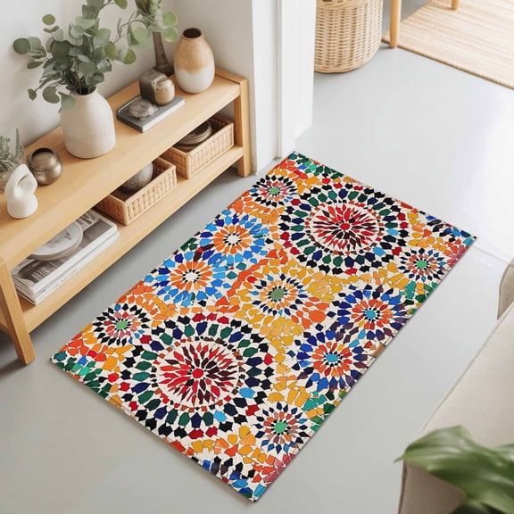 Traditional Colourful Moroccan Wall Tile Mosaic Back Rectangle Area Rug 2x3ft,Living Room Rug Non-Slip Washable Circle Rugs Pad,Bohemian Style Soft Floor Carpet for Bedroom Dining Room