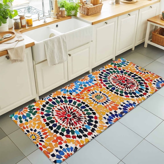 Traditional Colourful Moroccan Wall Tile Mosaic Back Rectangle Area Rug 2x6ft,Living Room Rug Non-Slip Washable Circle Rugs Pad,Bohemian Style Soft Floor Carpet for Bedroom Dining Room