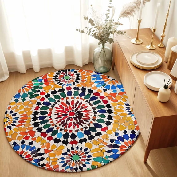 Traditional Colourful Moroccan Wall Tile Mosaic Back Round Area Rug 3ft,Living Room Rug Non-Slip Washable Circle Rugs Pad,Bohemian Style Soft Floor Carpet for Bedroom Dining Room