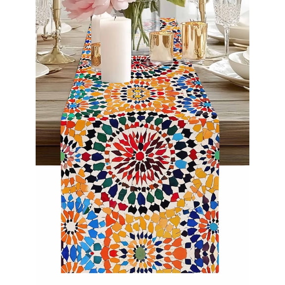 Traditional Colourful Moroccan Wall Tile Mosaic Back Table Runner-36 Inch Long Bohemian Style Table Runners Linen Burlap Tablerunner for Kitchen Dining Room Holiday Party