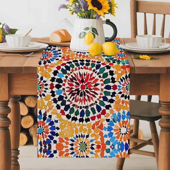 Traditional Colourful Moroccan Wall Tile Mosaic Back Table Runner 36 Inches Long, Bohemian Style Table Runners Tabletop Scarf Kitchen Dining Tables Decoration for Home Party Indoor Outdoor