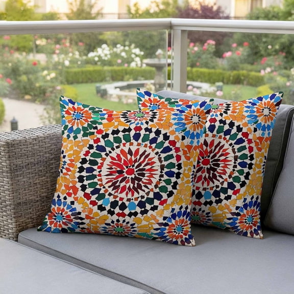 Traditional Colourful Moroccan Wall Tile Mosaic Back Waterproof Throw Pillow Covers Set of 2 Bohemian Style Outdoor Cushion Cover Pillow Protector Decorative Pillowcases for Bed Sofa Couch