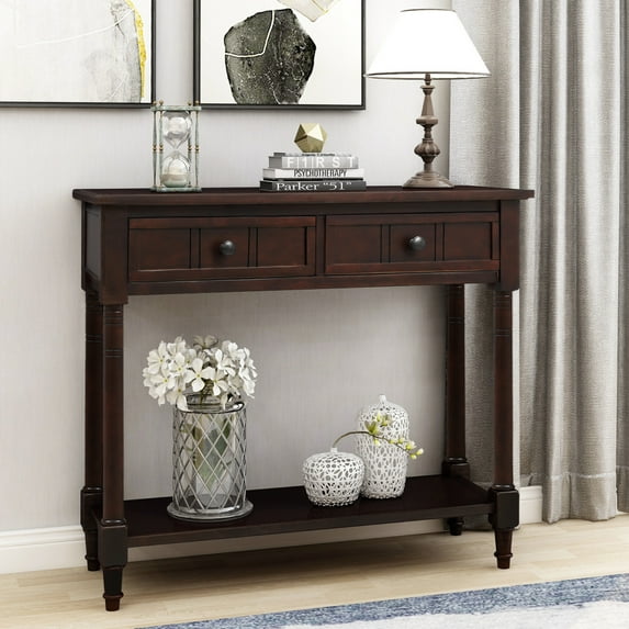 Traditional Console Table with 2 Drawers & Shelf, 35.43" Entryway Table Solid Pine Wood, Vintage Carved Details, for Entryway, Living Room, Dining Room, Study, Espresso