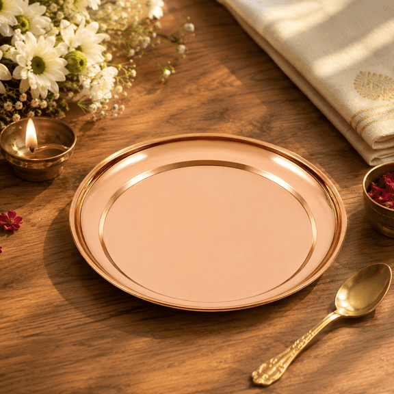Traditional Copper Pooja Thali, Plate for Aarti, Prasad and Ritual Use