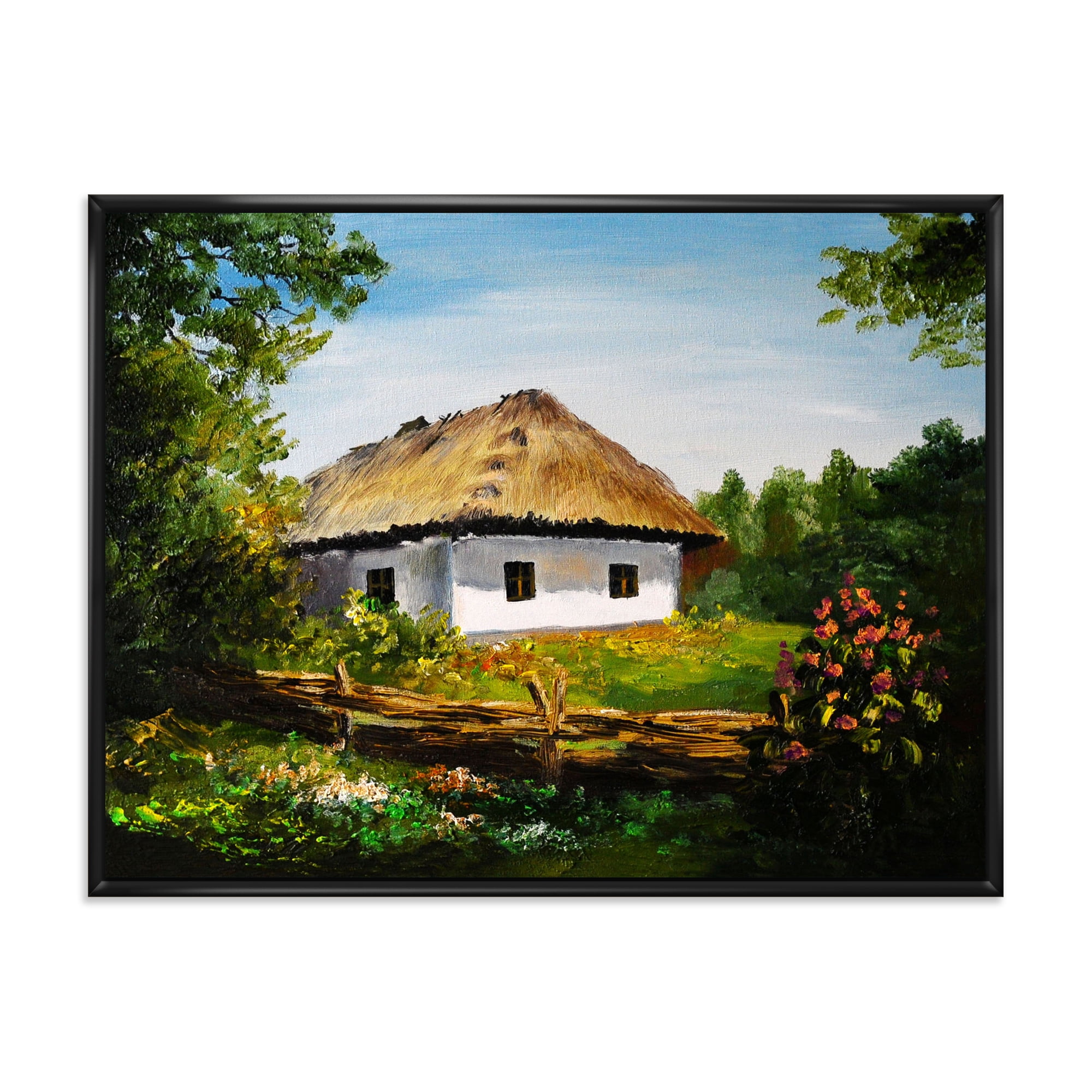 Traditional Cottage At Sunrise In Summer 32 in x 16 in Framed Painting Canvas Art Print, by Designart