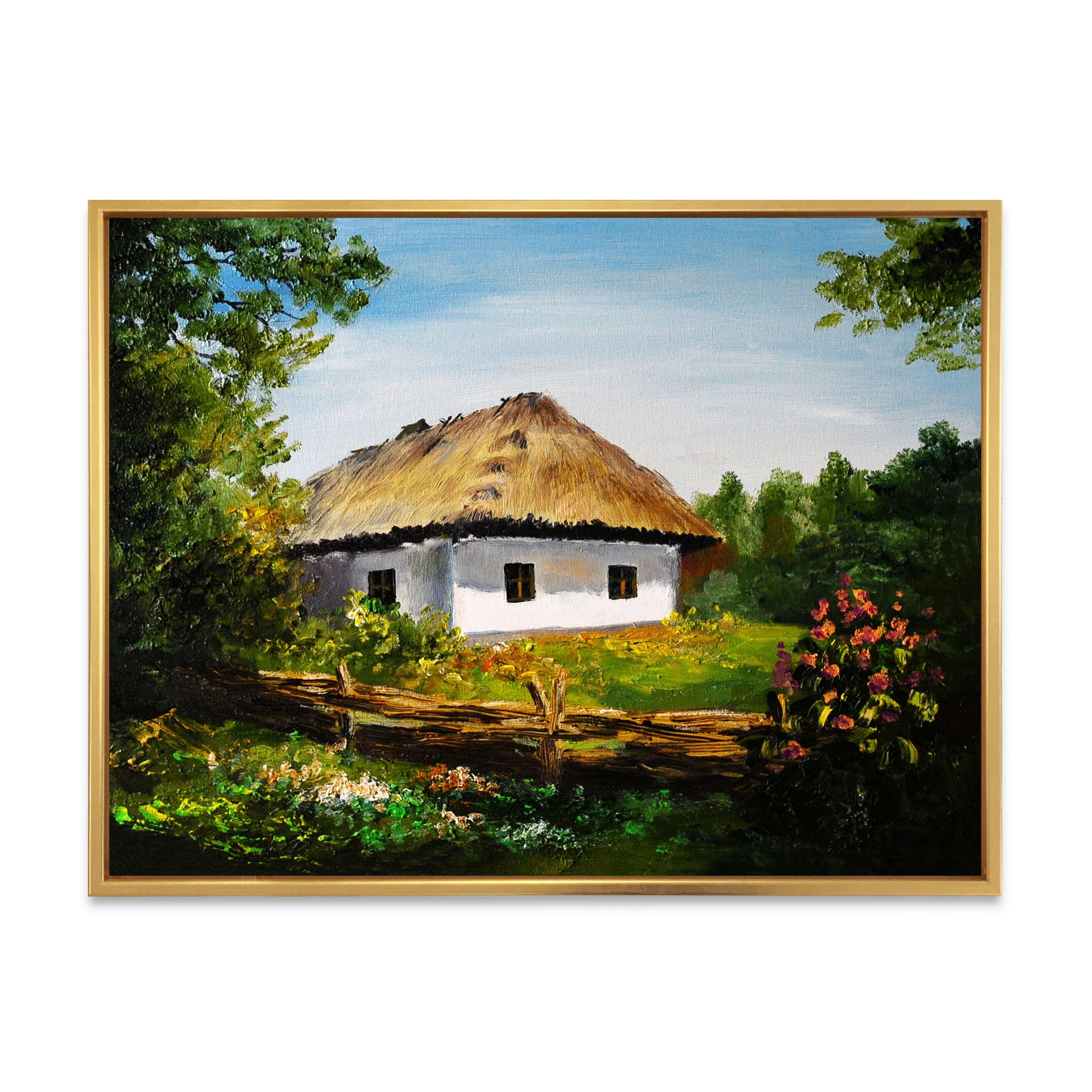 Traditional Cottage At Sunrise In Summer 32 in x 24 in Framed Painting Canvas Art Print, by Designart