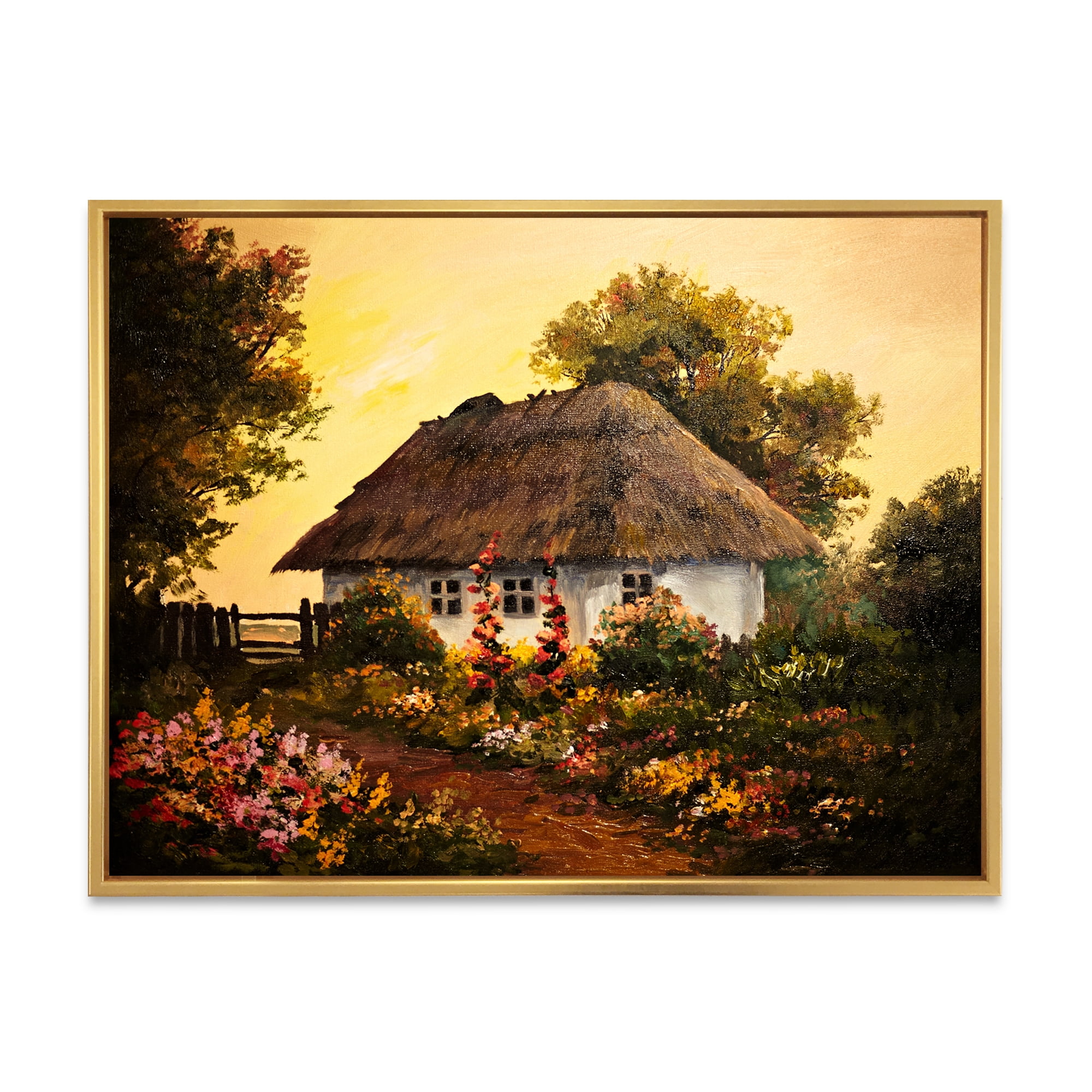 Traditional Cottage At Sunset In Autumn Flowers 32 in x 16 in Framed Painting Canvas Art Print, by Designart