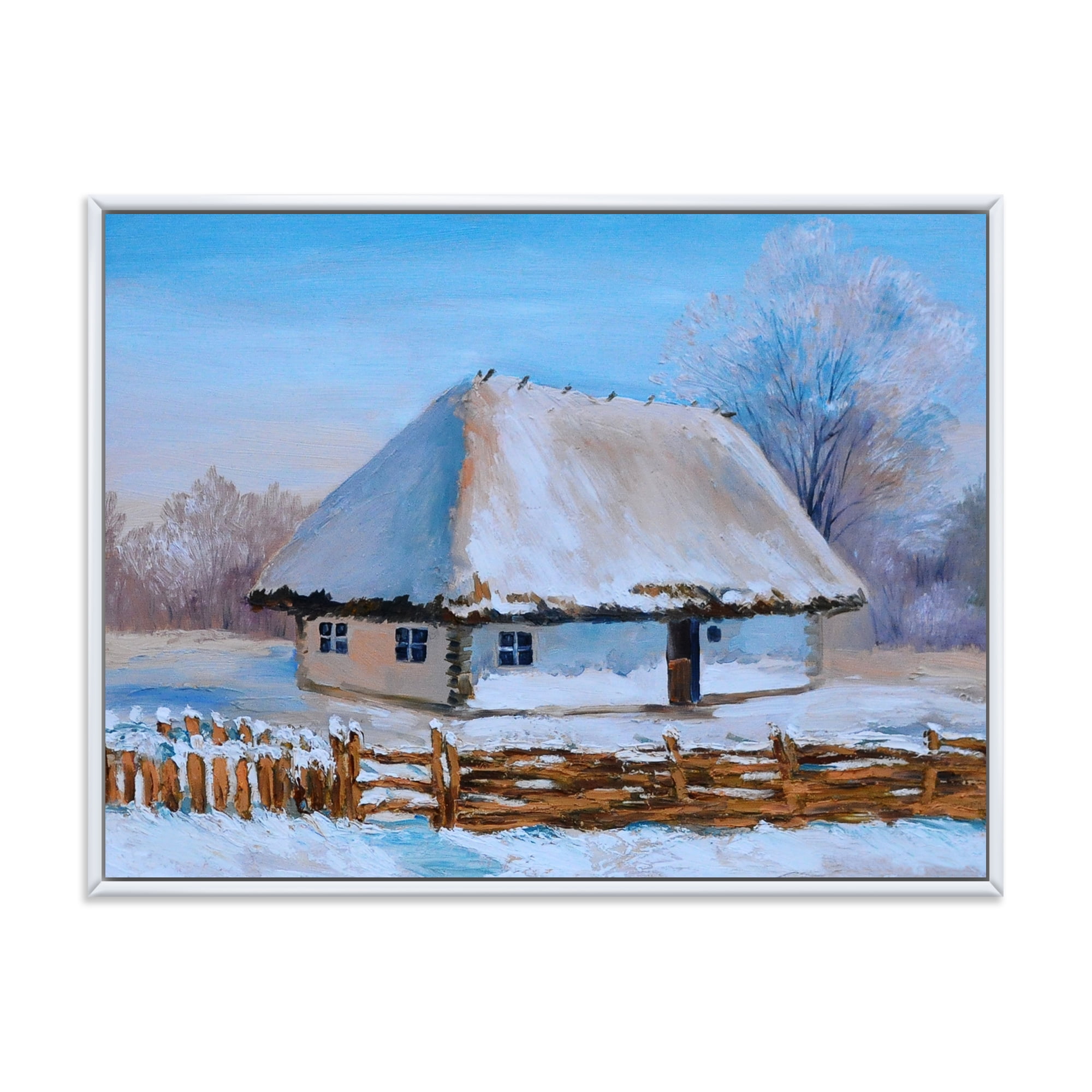 Traditional Cottage Covered With Snow In Winter I 20 in x 12 in Framed Painting Canvas Art Print, by Designart