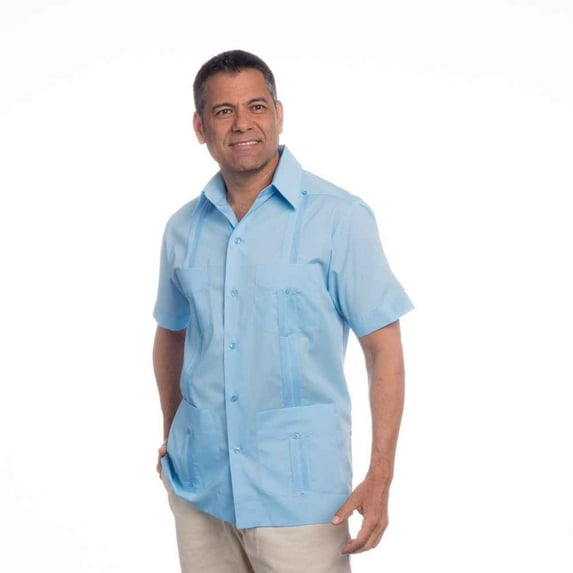 Traditional Cotton Blend Guayabera Men’s Short Sleeve Shirt (Light Blue, Small)