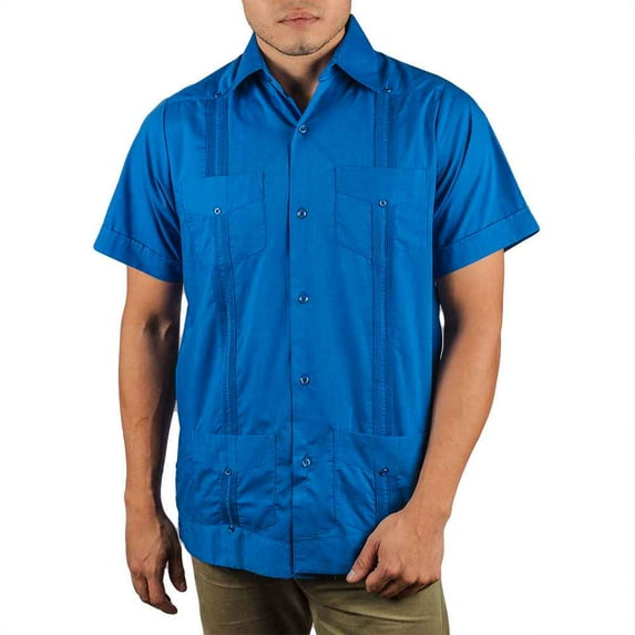 Traditional Cotton Blend Guayabera Men’s Short Sleeve Shirt (Snorkel Blue, Large)