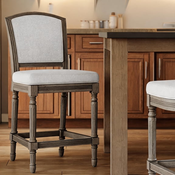 Traditional Counter-Height Bar Stool with Turned Legs and Upholstered Seat, Soft Gray Polyester, 26-Inch Height, Dining Kitchen Seating