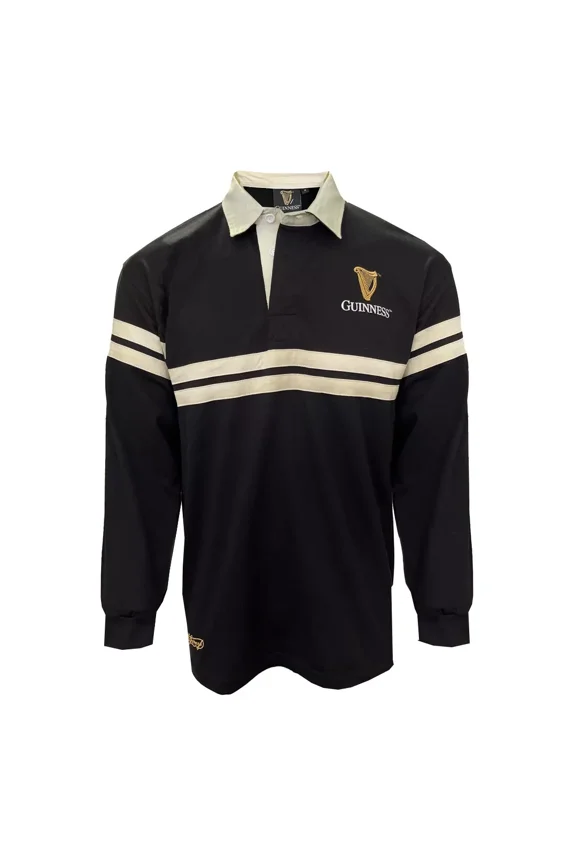 Traditional Craft Ireland Guinness Long Sleeve Black Harp Tape Rugby Shirt for Men