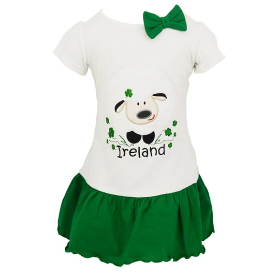 Traditional Craft Ltd. Girl's 100% Cotton White/Emerald Ireland Sheep Summer Dress
