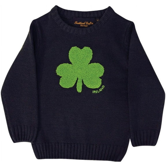 Traditional Craft Ltd. Girl's Sweater Blue Knit Irish Emerald Shamrock Kids Jumper from Ireland