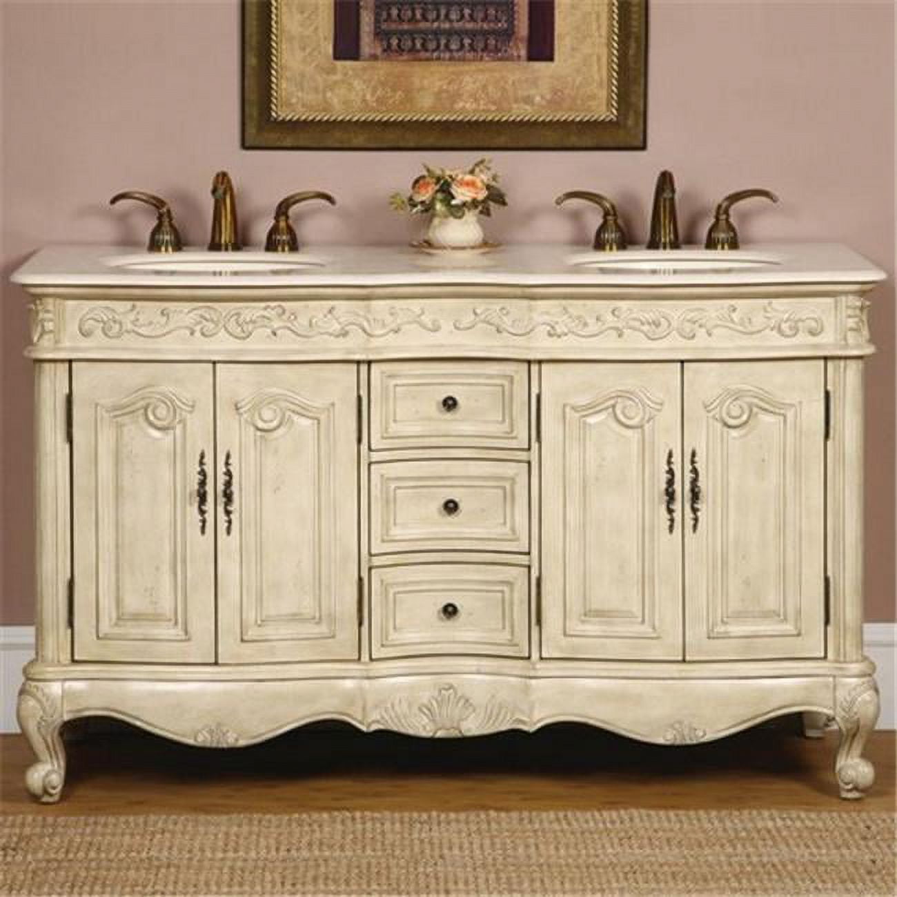 Traditional Cream Marfil Marble Bathroom Vanity- Double Sink - 58 in. Wide