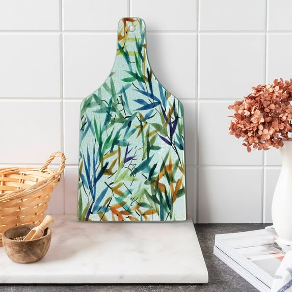 Traditional Cutting Board, Colorful Bamboo Tree Leaves Hand Drawn Style Plants Picture Print, Decorative Tempered Glass Cutting and Serving Board, Wine Bottle Shape, Multicolor, by Ambesonne